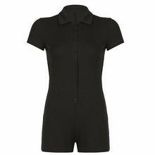 Lapel Button-Up Ribbed Casual Jumpsuit Shorts