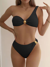 One Shoulder Gold Medallion Accented High Waist Bikini