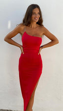 One Shoulder Ruched Slit Maxi Dress