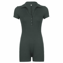 Lapel Button-Up Ribbed Casual Jumpsuit Shorts