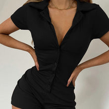 Lapel Button-Up Ribbed Casual Jumpsuit