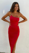 One Shoulder Ruched Slit Maxi Dress