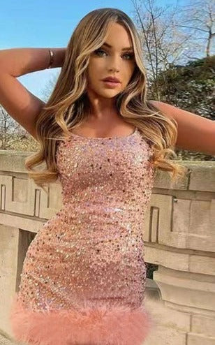 Sleeveless Sequin Sheath Faux Fur Hem Party Dress– redridinghoods.com