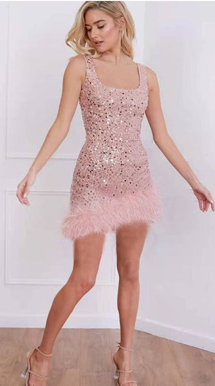 Sleeveless Sequin Sheath Faux Fur Hem Party Dress–