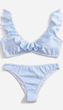 Blue Striped High Rise Cheeky Ruffled Bikini