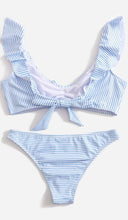 Blue Striped High Rise Cheeky Ruffled Bikini