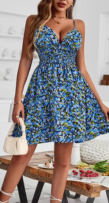 Floral Print V Neck Mini Beach Dress– redridinghoods.com